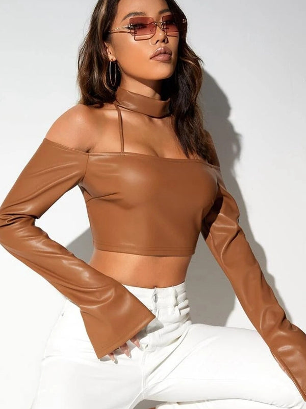 BUYCO Female Fitted Faux Leather Backless Long Sleeves