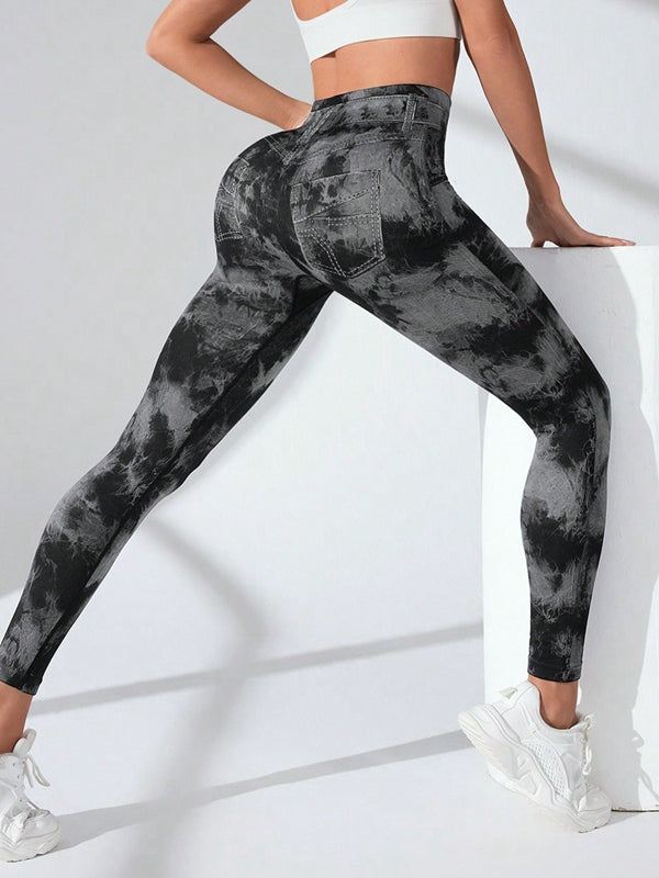 BUYCO Female Modern Tie-dye Denim Pocket Ruched Back Leggings
