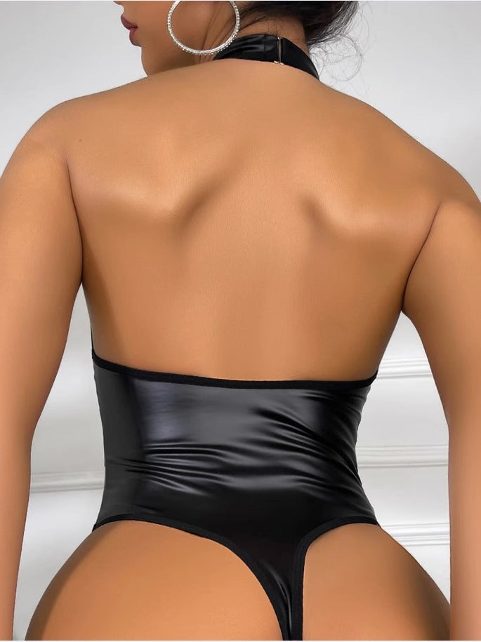 BUYCO Female Fitted Sheer Mesh PU Cutout Bodysuit