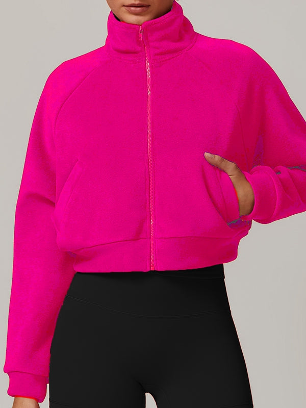 BUYCO Female Fleece Stand Up Collar Zipper Cropped Hoodie