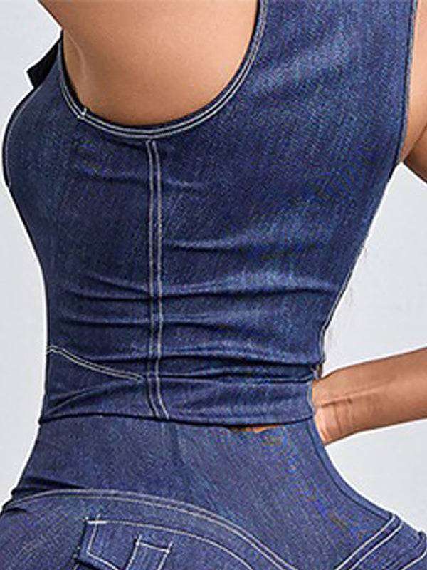 BUYCO Female Denim Zipper Stand Up Collar Tank
