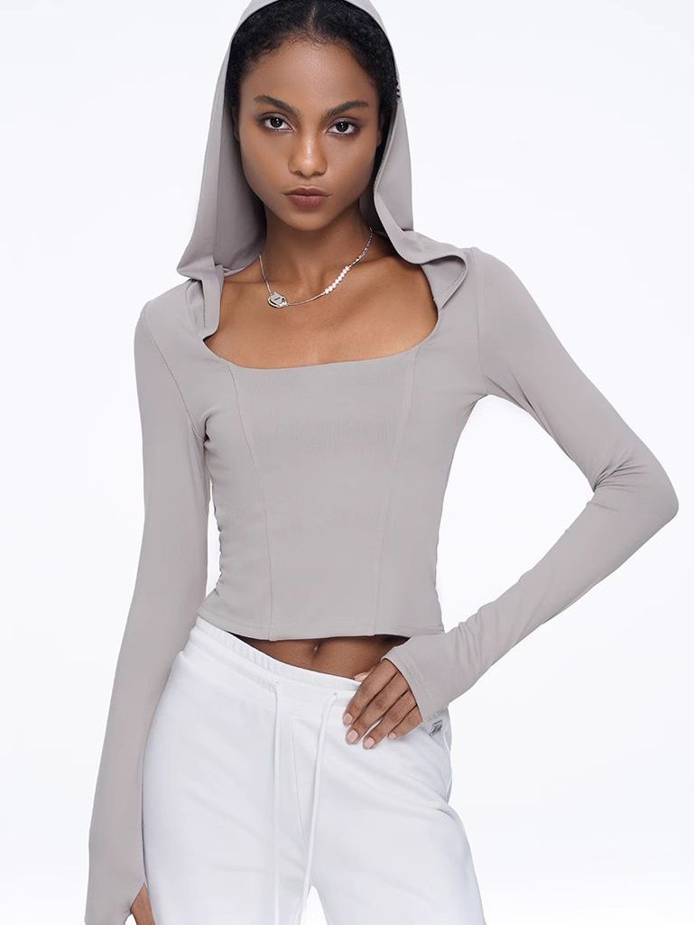 BUYCO Female Solid Color Hollow Out Hooded Elastic Tight Long Sleeves
