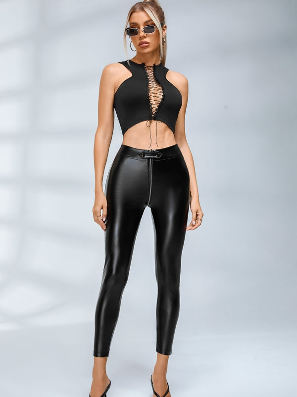 BUYCO Female Faux Leather Zipper Buttons Pocket Leggings