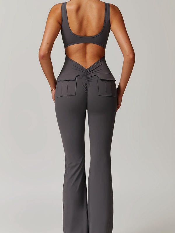 BUYCO Female Fitted Cutout Pocket Flare Fit Cargo Jumpsuit