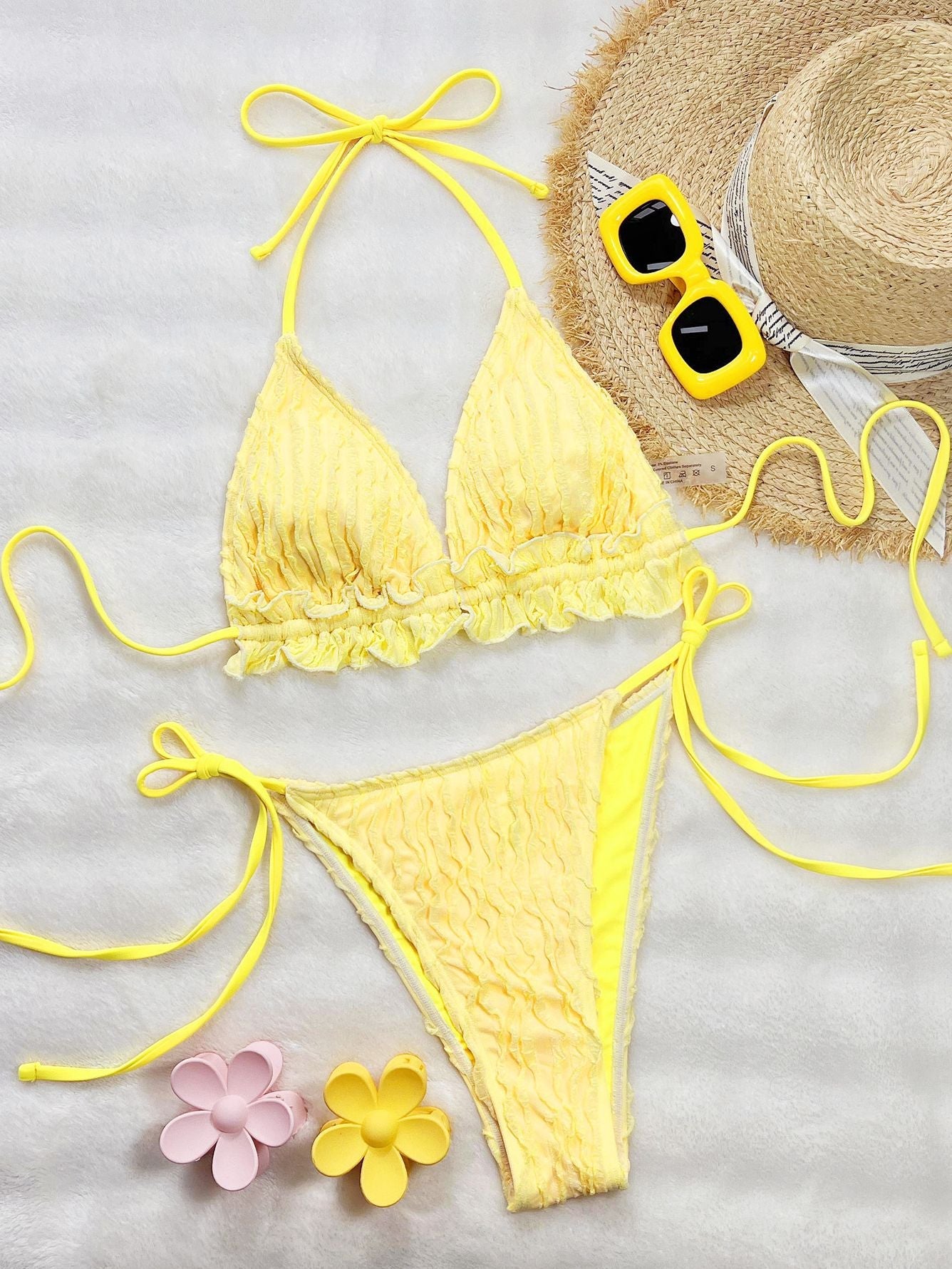 BUYCO Female Fitted Solid Color Flounce Folds Bikini Set