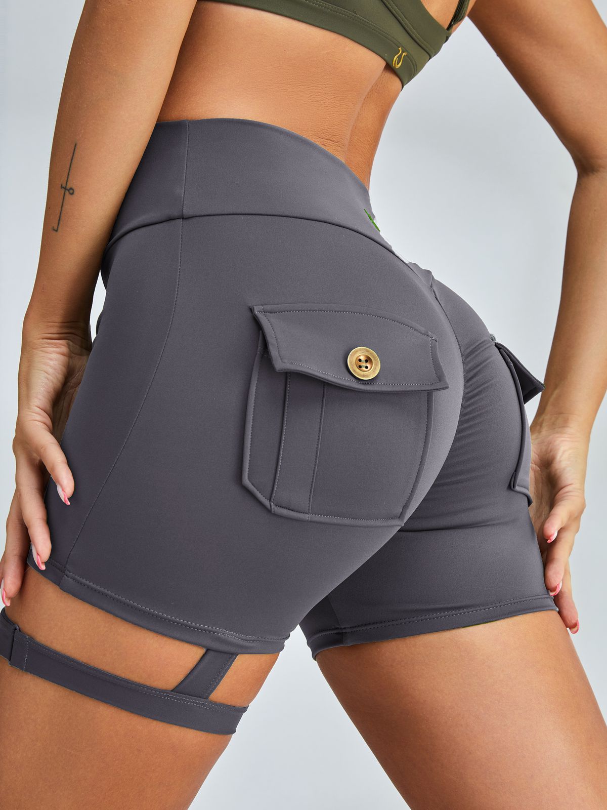 BUYCO Female Unique Cut Out Pocket Mesh Ruched Back Spandex Gym Fit Shorts