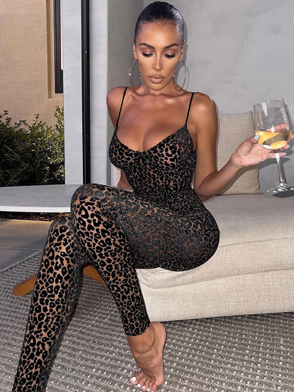 BUYCO Female sexy deep V Leopard Print Jumpsuit