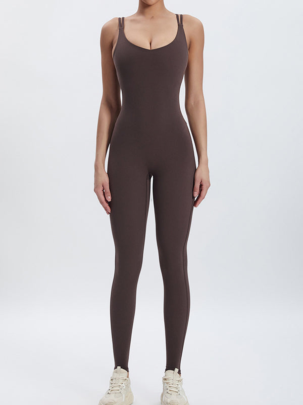 BUYCO Female Backless U Collar Ruched Back Hip-lift Jumpsuit