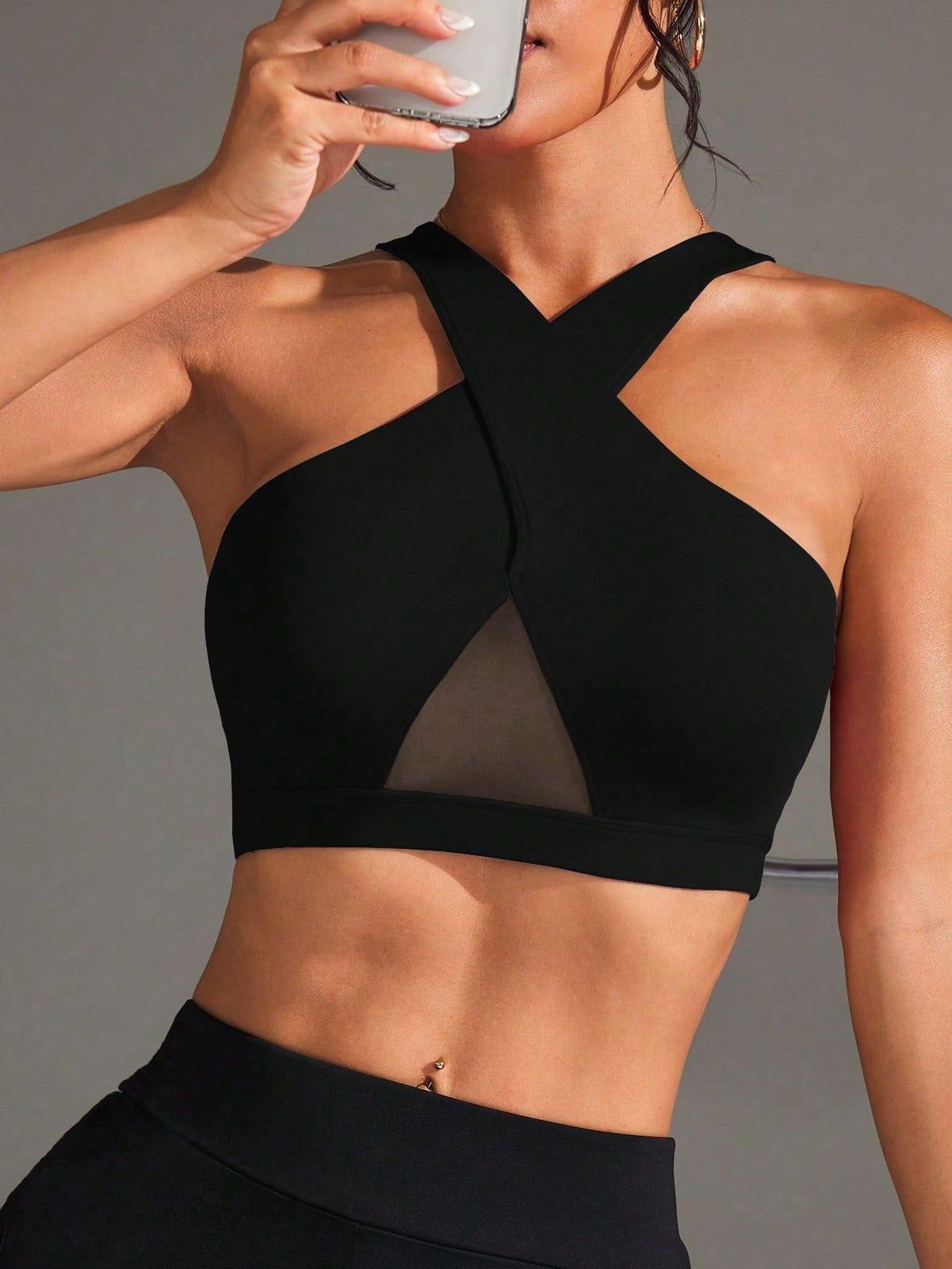 BUYCO Female Fitted Solid Color Sheer Mesh Cross Tank