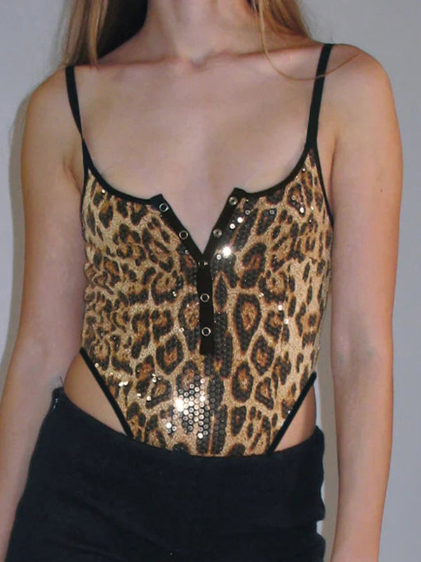 BUYCO Female Sleeveless Leopard Print Adjustable Straps Short Bodysuit
