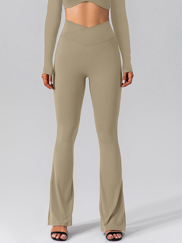 BUYCO Female V-shape Waist Pocket Solid Color Split High-waisted Flare Pants