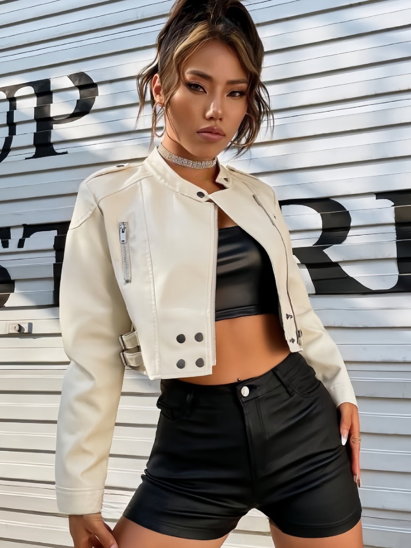 BUYCO Female Zipper PU With Metal Buttons Faux Leather Jackets