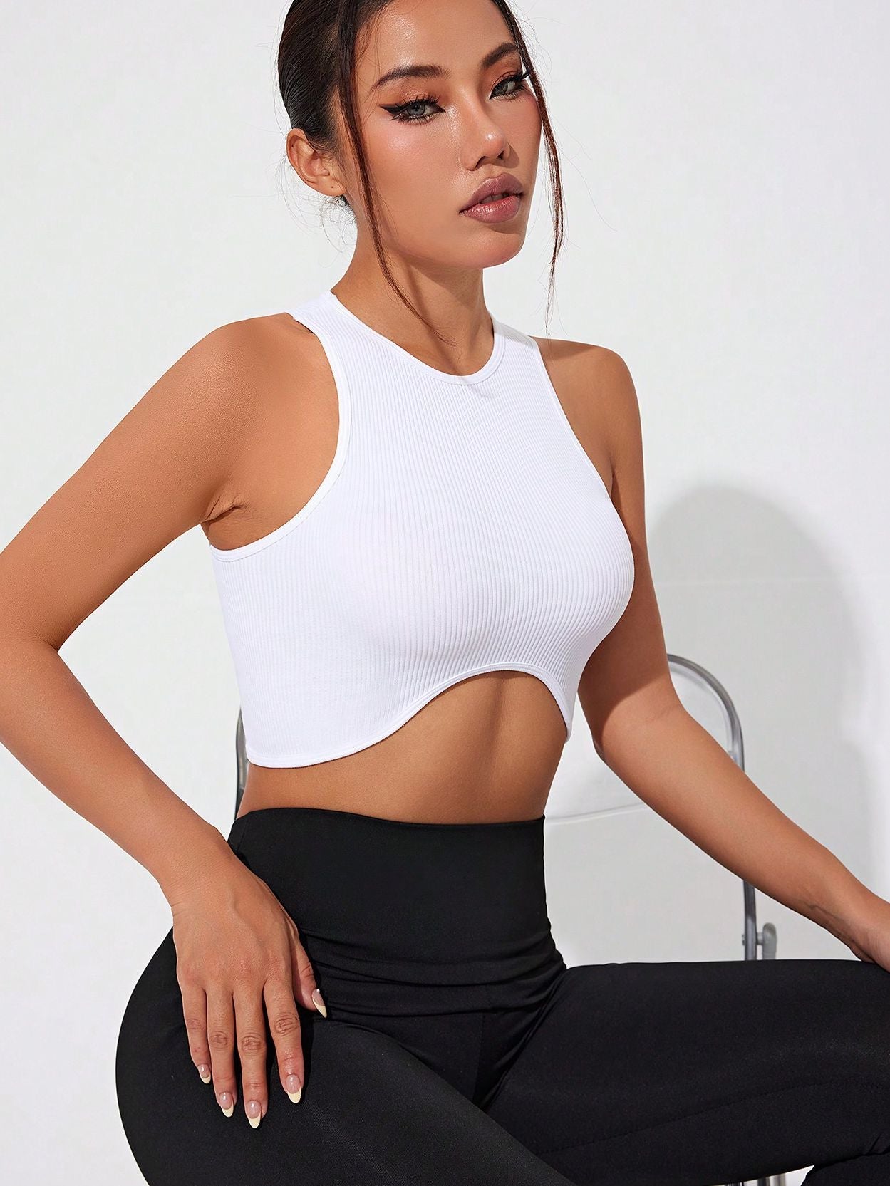 BUYCO Female Fitted Round Neck Ribbed Quick Dry Irregular Design Tanks