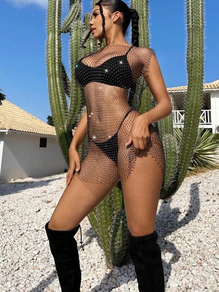 BUYCO Female Fitted Fishnet Crystal Set Beach Dress Without Bikini