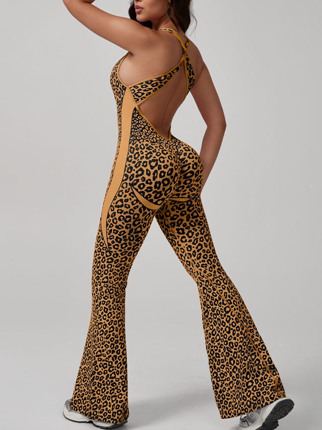 BUYCO Female Fitted Leopard Print Hollow Out Cross Back Deep V Back Jumpsuit