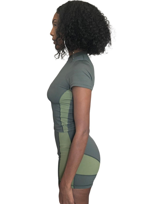 BUYCO Female Contrast Color Zipper Elastic Tight Short Tracksuit