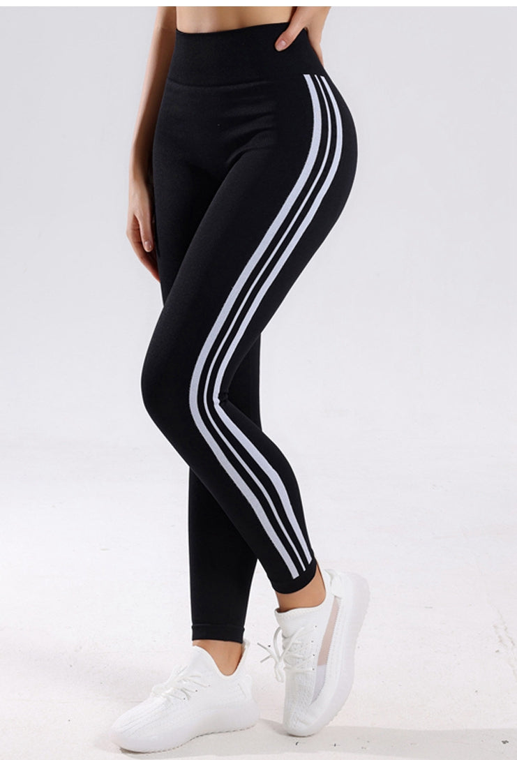BUYCO Ruched Back Fleece Stripe High-waist Skinny Stretch Leggings