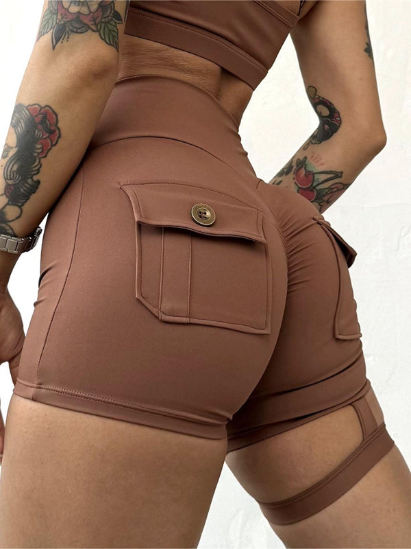 BUYCO Female Unique Cut Out Pocket Ruched Back Spandex Gym Fit Cargo Shorts
