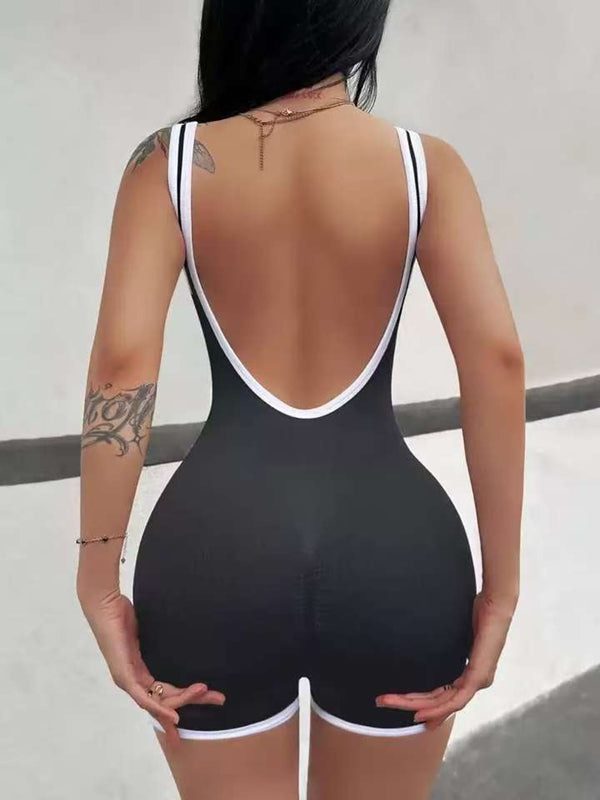 BUYCO Female Contrast Color Ribbed Ruched Back Backless Romper