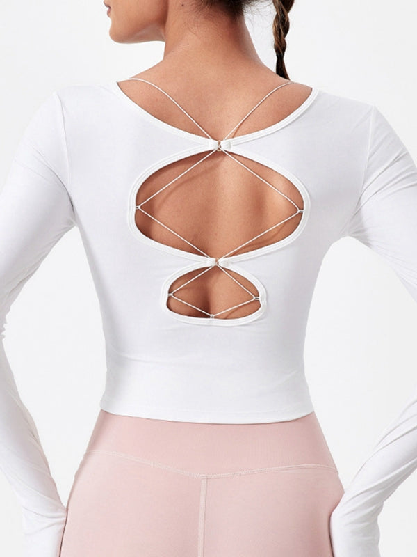 BUYCO Hollow Out Faux Denim Cross Back Backless Yoga Long Sleeves