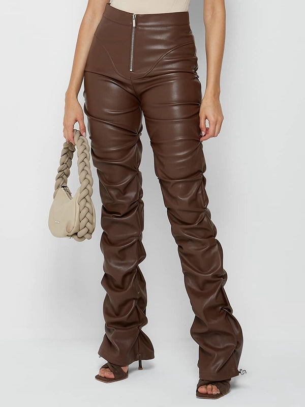 BUYCO Female Faux Leather Folds Zipper Fashion Leggings