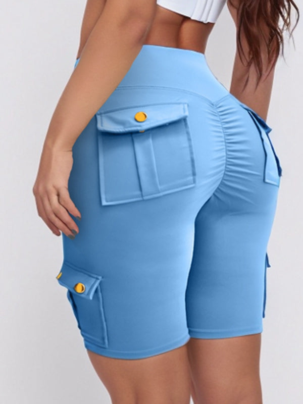 BUYCO Female Pocket Ruched Back High-rise Cargo Style Spandex Gym Fit Shorts