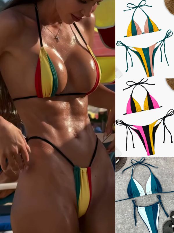 BUYCO Female Fitted Rainbow Contrast Color Bikini Set