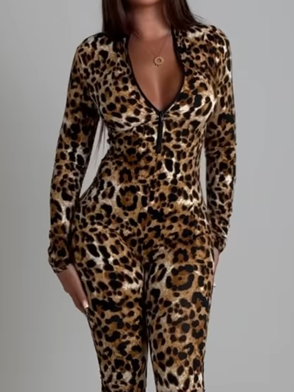 BUYCO Female Fashion Leopard Print Zipper Jumpsuit