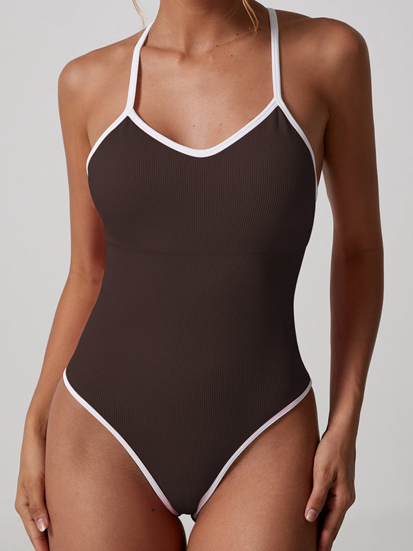BUYCO Female V Collar Cross Back Contrast Color Stripes Bodysuit