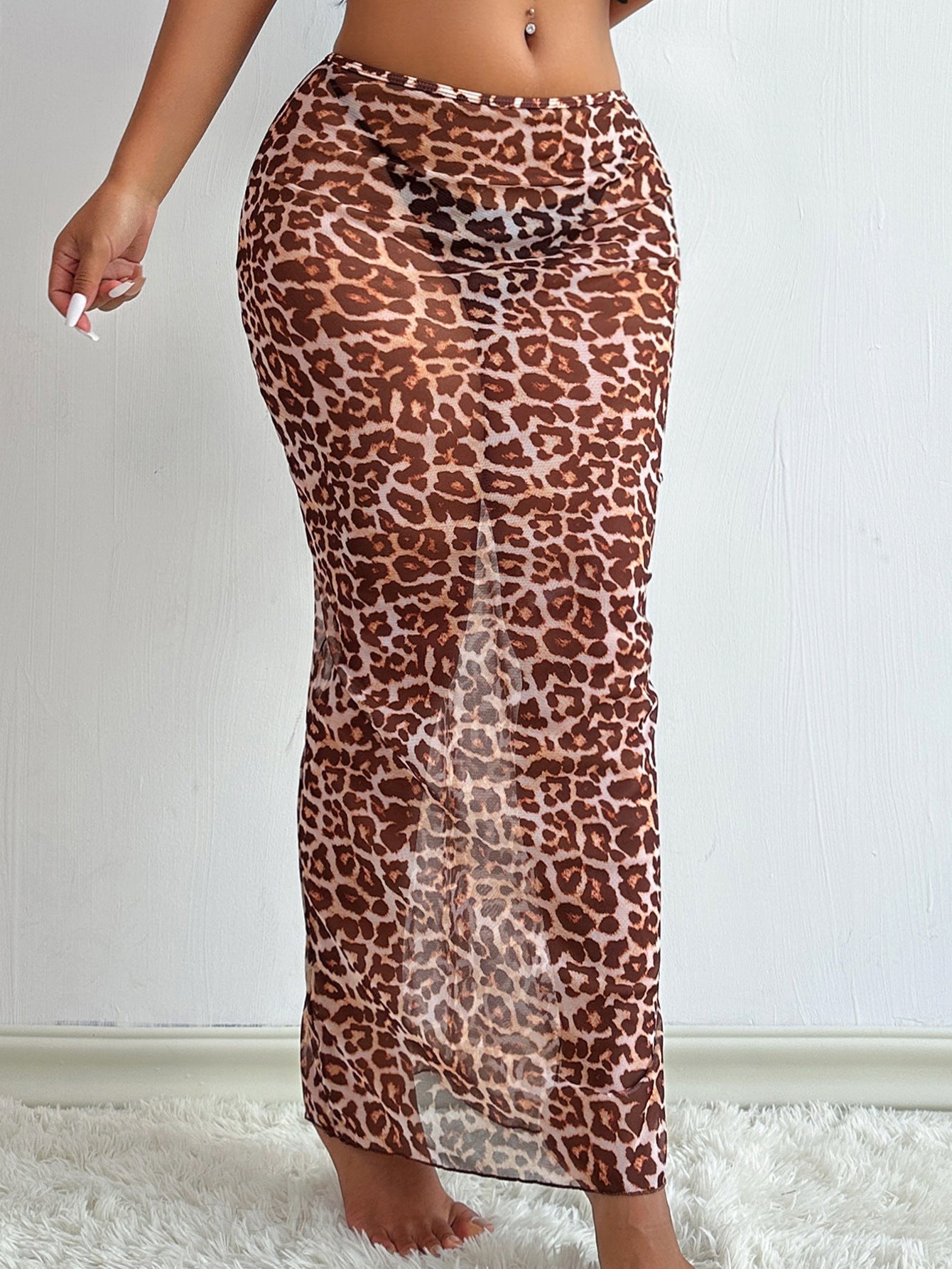 BUYCO Female Fitted Sheer Mesh Leopard Print Without Bikini Set Swimwear Cover Dress