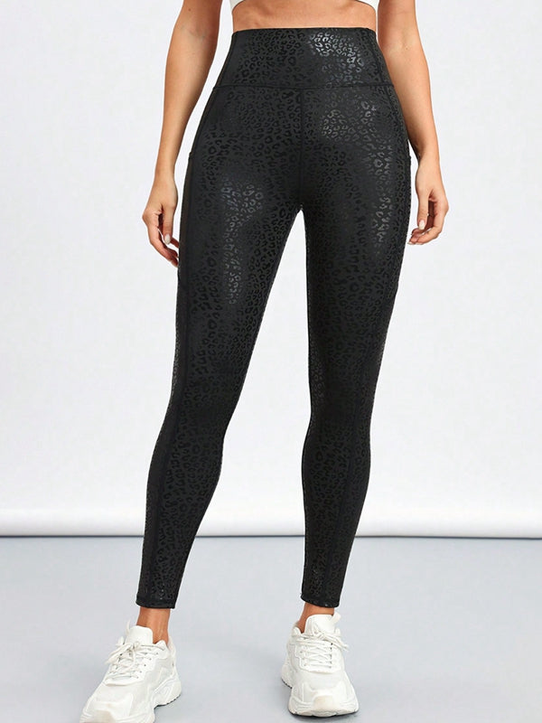 BUYCO Female Fitted Faux Leather Leopard Print Pocket Leggings