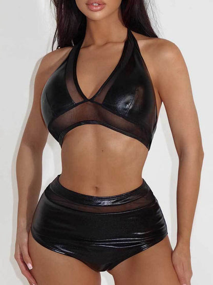 BUYCO Female Fitted Glossy PU Mesh Bikini Set