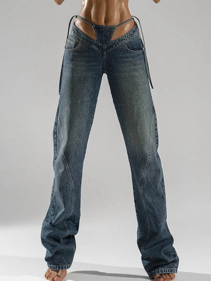 BUYCO Female Fitted Cutout V-shape Waist Denim Flare Fashion Pants