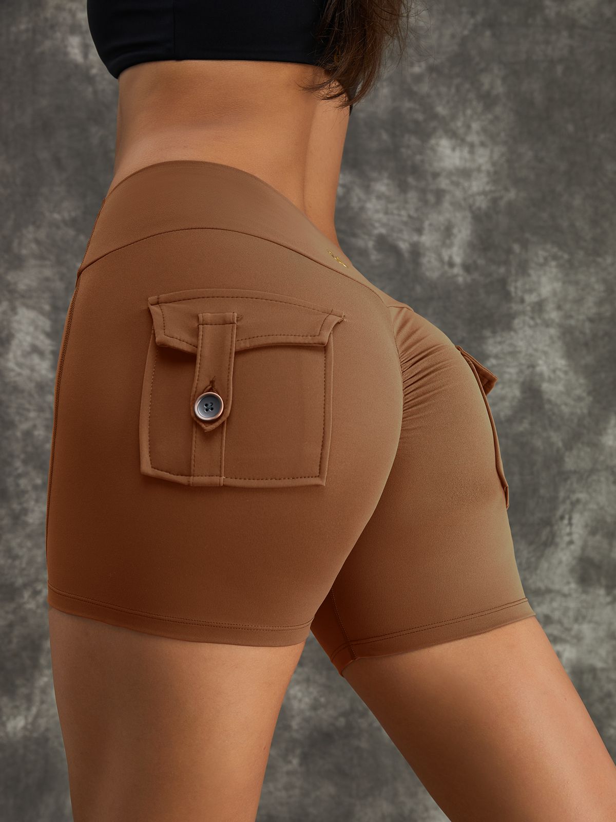 BUYCO Female Ruched Back High Waist Pocket Spandex Gym Fit Shorts