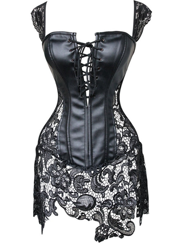 BUYCO Female Lace PU Faux Leather Zipper Roman Knot Corset Shapewear