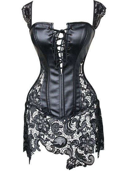 BUYCO Female Lace PU Faux Leather Zipper Roman Knot Corset Shapewear