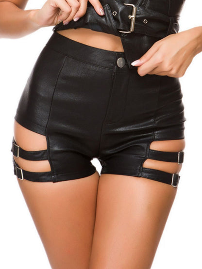 BUYCO Female Faux Leather Hollow Out Gym Fit Shorts