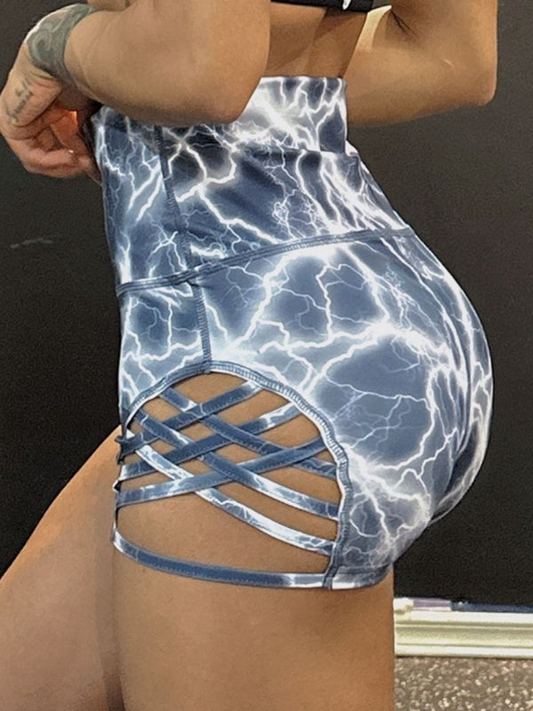 BUYCO Female Print Cross Hip-lift Spandex Gym Fit Shorts