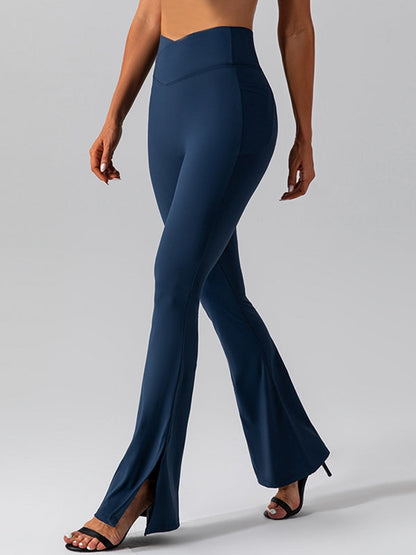 BUYCO Female V-shape Waist Pocket Solid Color Split High-waisted Flare Pants