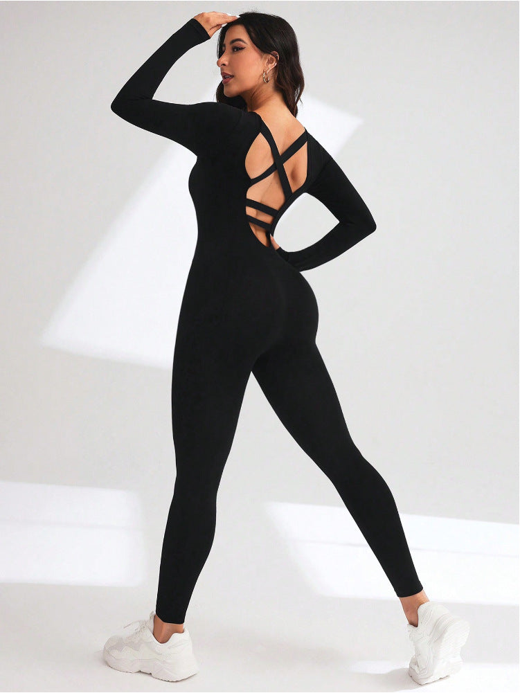 BUYCO Female Cross Back Hollow Out Long Sleeves Jumpsuit
