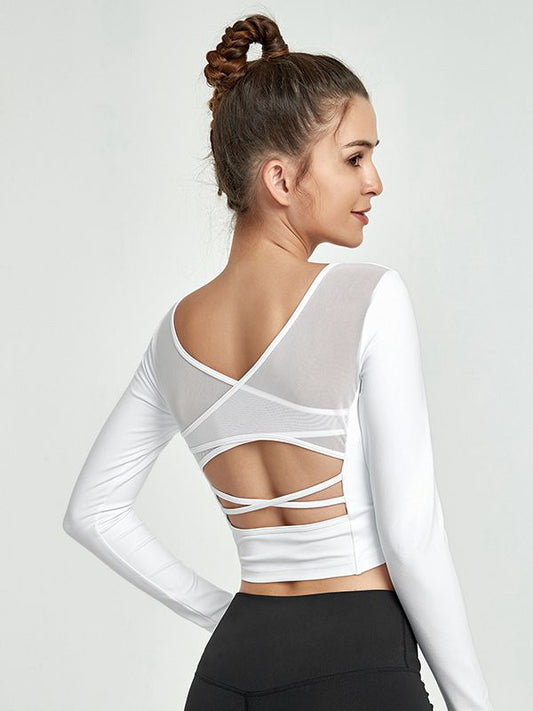 BUYCO Female Hollow Out Cross Back Thumbholes Mesh Long Sleeves