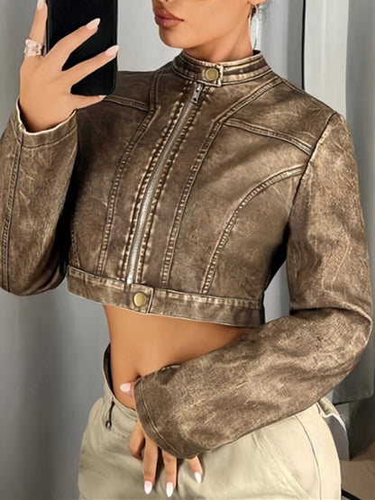 BUYCO Female Zipper PU Stand Up Collar Jackets