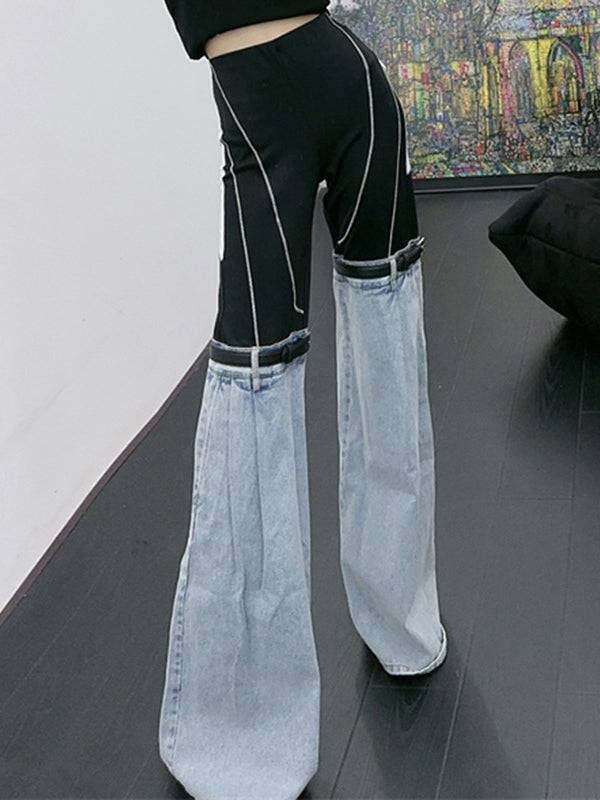 BUYCO Female Contrast Color Denim Flare Fashion Pants