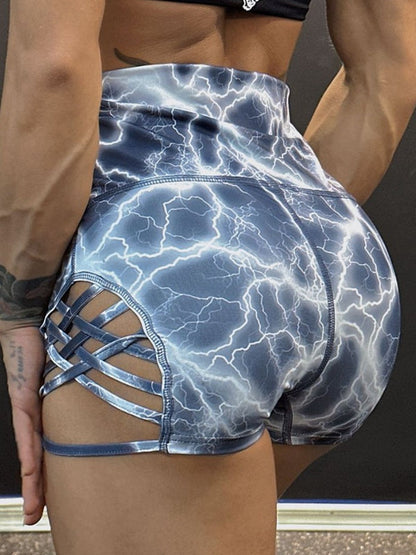 BUYCO Female Print Cross Hip-lift Spandex Gym Fit Shorts