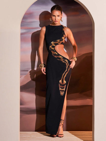 BUYCO Female Snake Print Cutout Split Dress