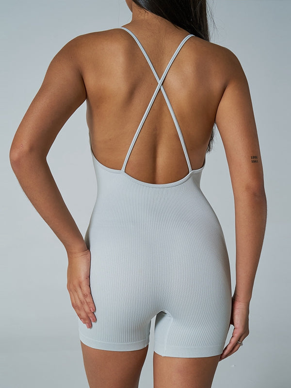 BUYCO Female Ribbed Cross Back Deep V Collar Romper