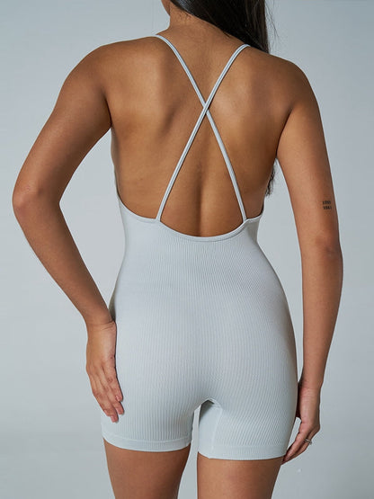 BUYCO Female Ribbed Cross Back Deep V Collar Romper