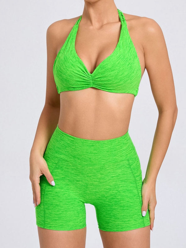 BUYCO Female Deep V Back Pocket Ruched Back Halter Backless Short Tracksuit