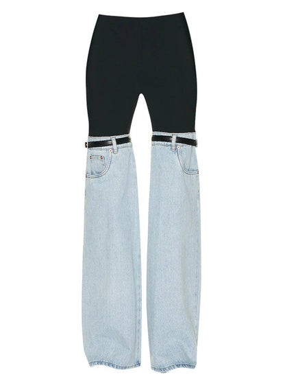 BUYCO Female Contrast Color Denim Flare Fashion Pants