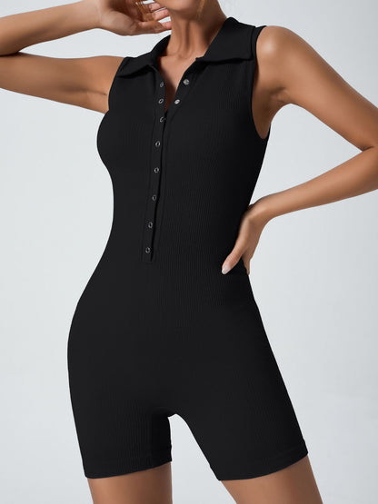 BUYCO Female Ribbed Lapel Collar Buttons Romper